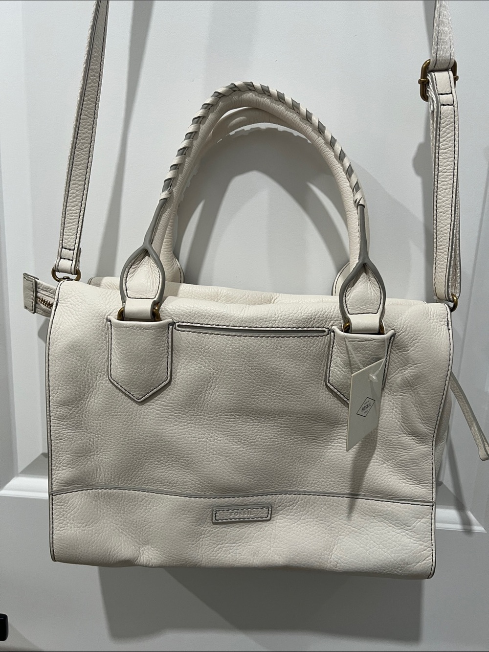 Fossil Cream Leather Trinity Satchel with Braided Top Handle NWT
